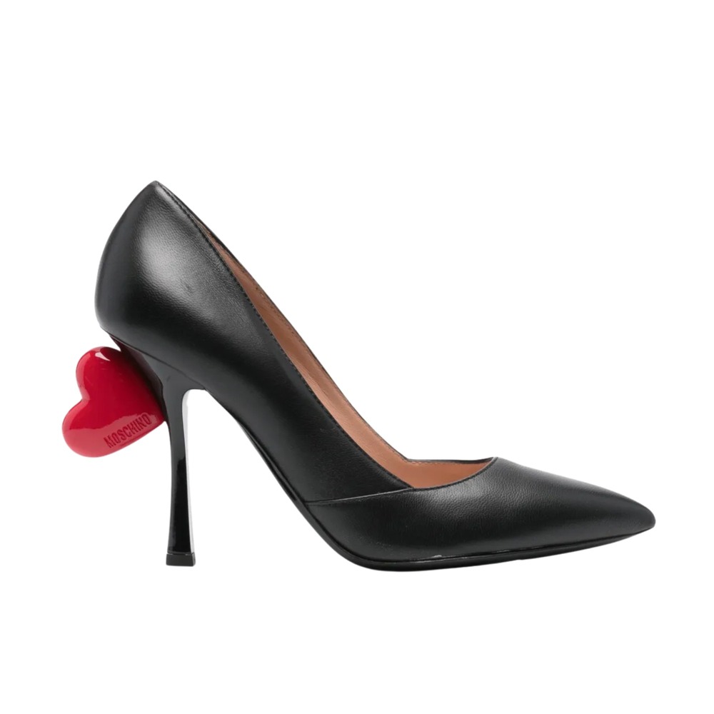 Moschino Black Leather Pointed Toe Pumps with Sculptural Red Heart Appliquè
